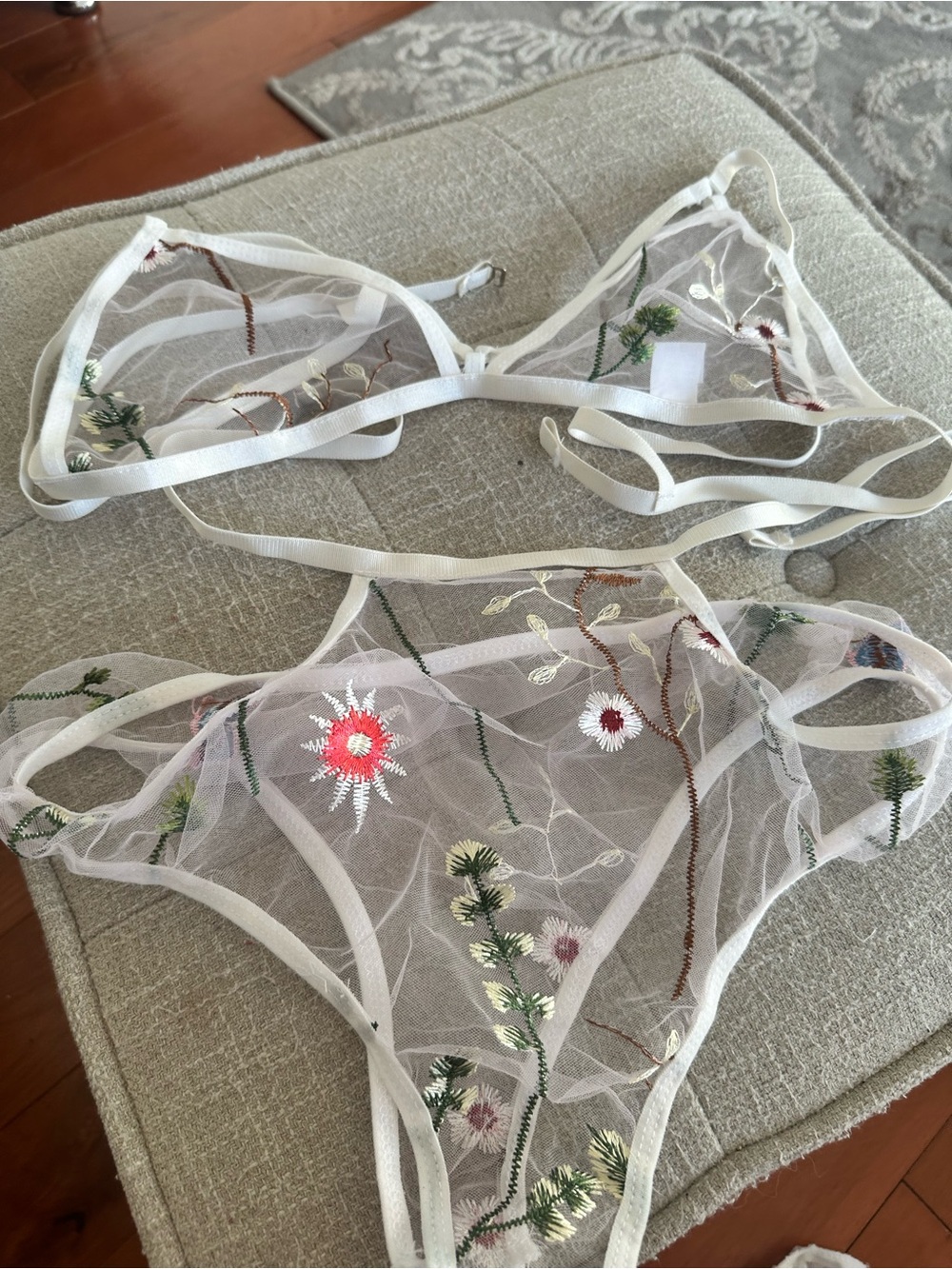 Source Unknown White Sheer Embroidered Floral Bra and Panty Set